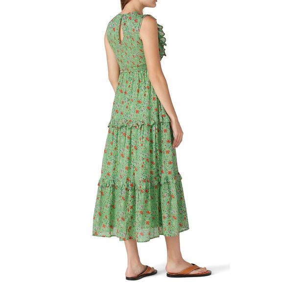 Banjanan Iris Floral Maxi Ruffle Tier Sleeveless Sheath Cotton Green Dress XS - Picture 2 of 16